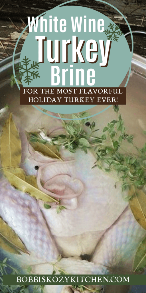 Turkey in a large stockpot with white wine turkey brine.