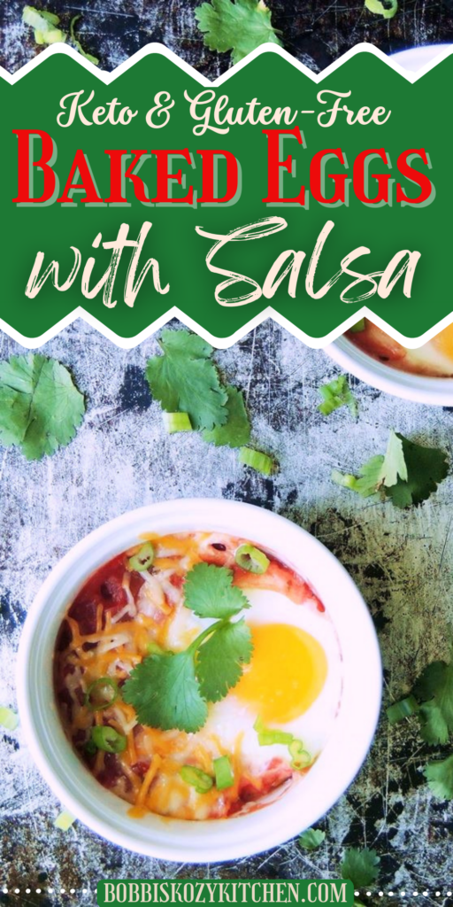 Pinterest graphic with the images of keto baked eggs with salsa on it.