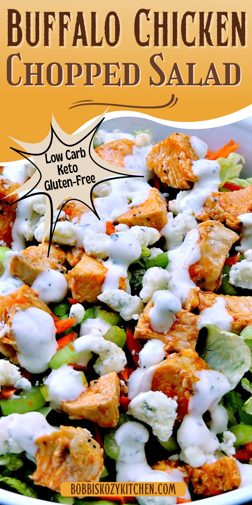 Pinterest graphic with Buffalo chicken chopped salad on it.