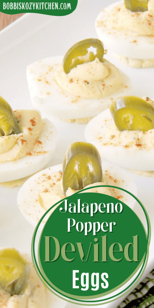 Pinterest pin that shows jalapeno popper deviled eggs on a white serving tray.