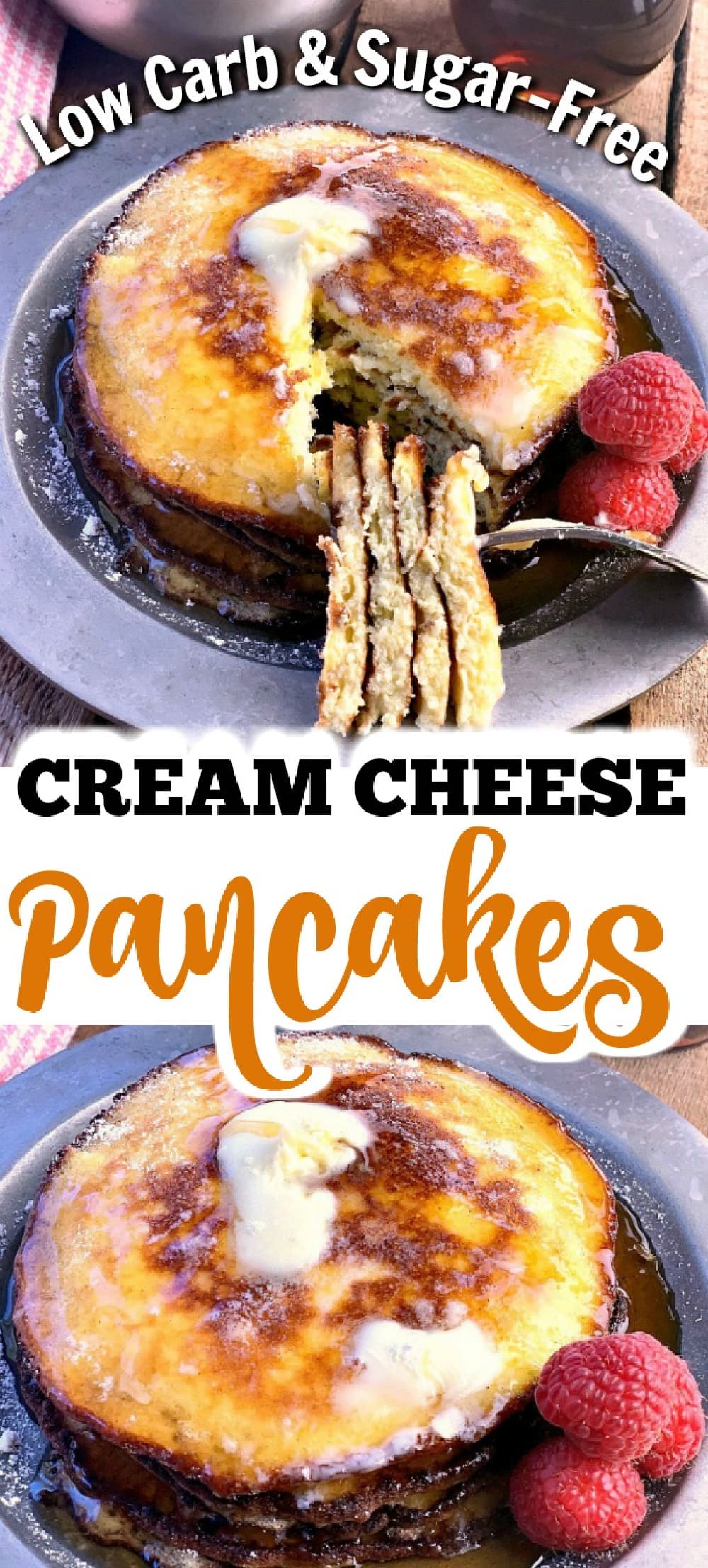 Pinterest graphic with images of low carb cream cheese pancakes on it.