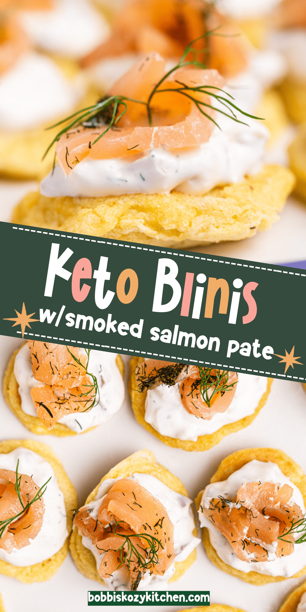 Pinterest graphic with Keto Blinis With Smoked Salmon Pate on it.