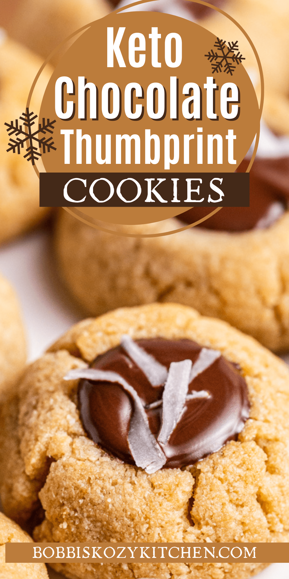 Pinterest graphic with image of keto chocolate thumbprint cookies on it.