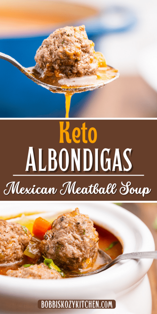 Pinterest graphic with images of keto albondigas on it.