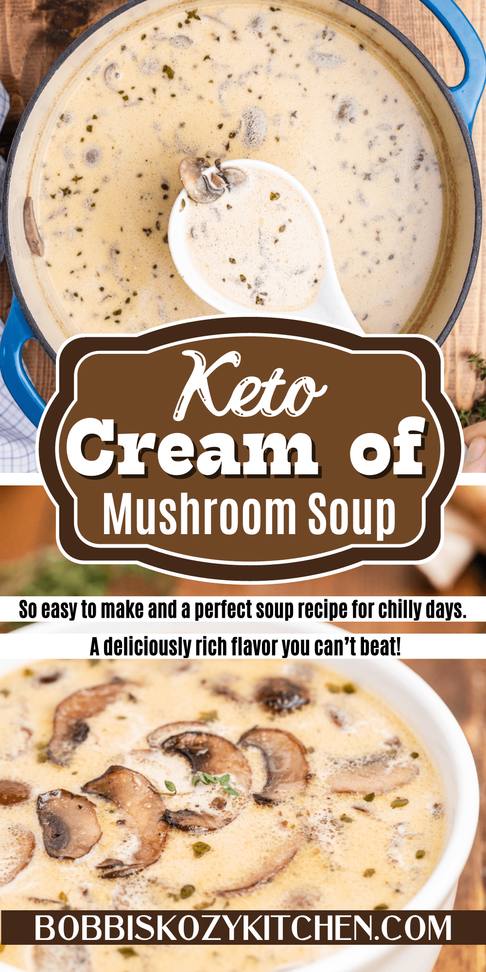 Pinterest graphic with image of keto cream of mushroom soup on it.