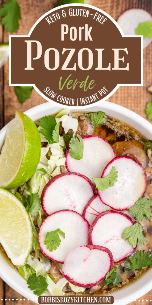 Pinterest graphic with the image of keto pork pozole verde on it.