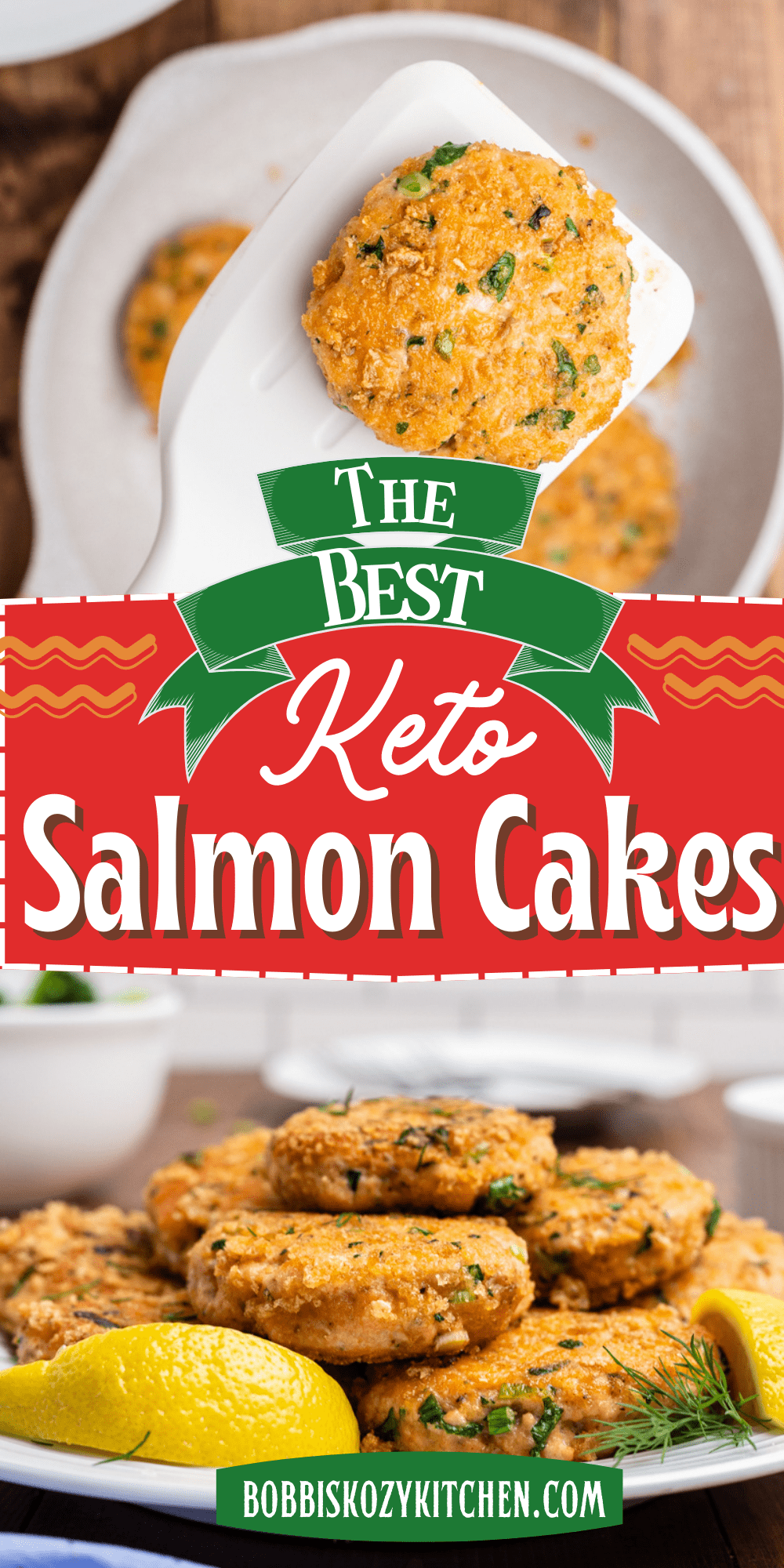 Pinterest graphic with images of keto salmon cakes (salmon patties) on it.