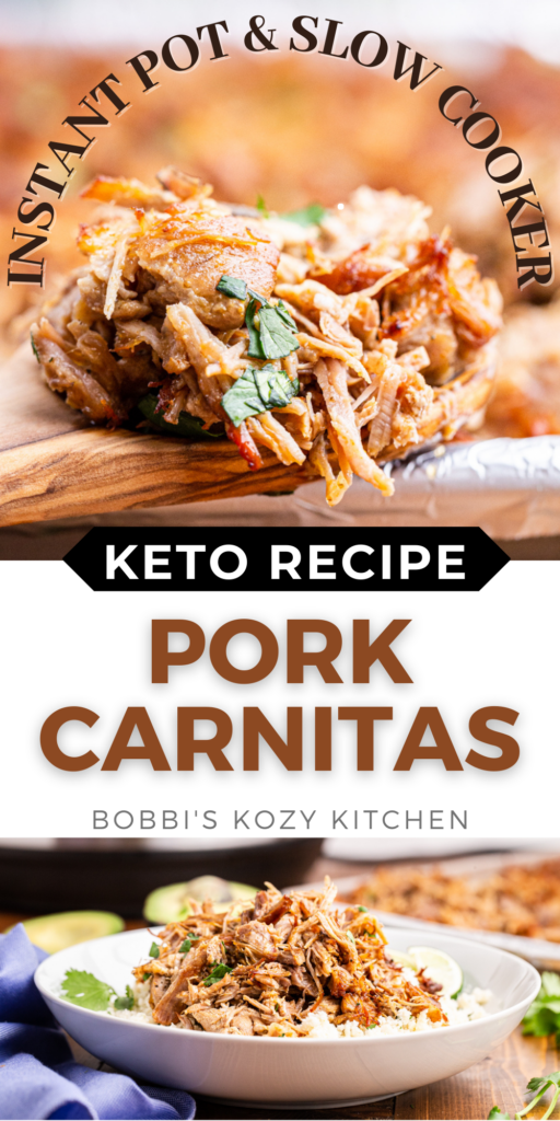 Pinterest graphic with images of easy keto pork carnitas on it.