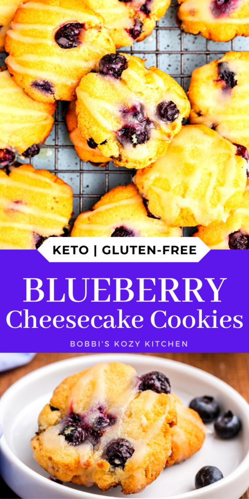Pinterest graphic with the images of Keto Blueberry Cheesecake Cookies on it.