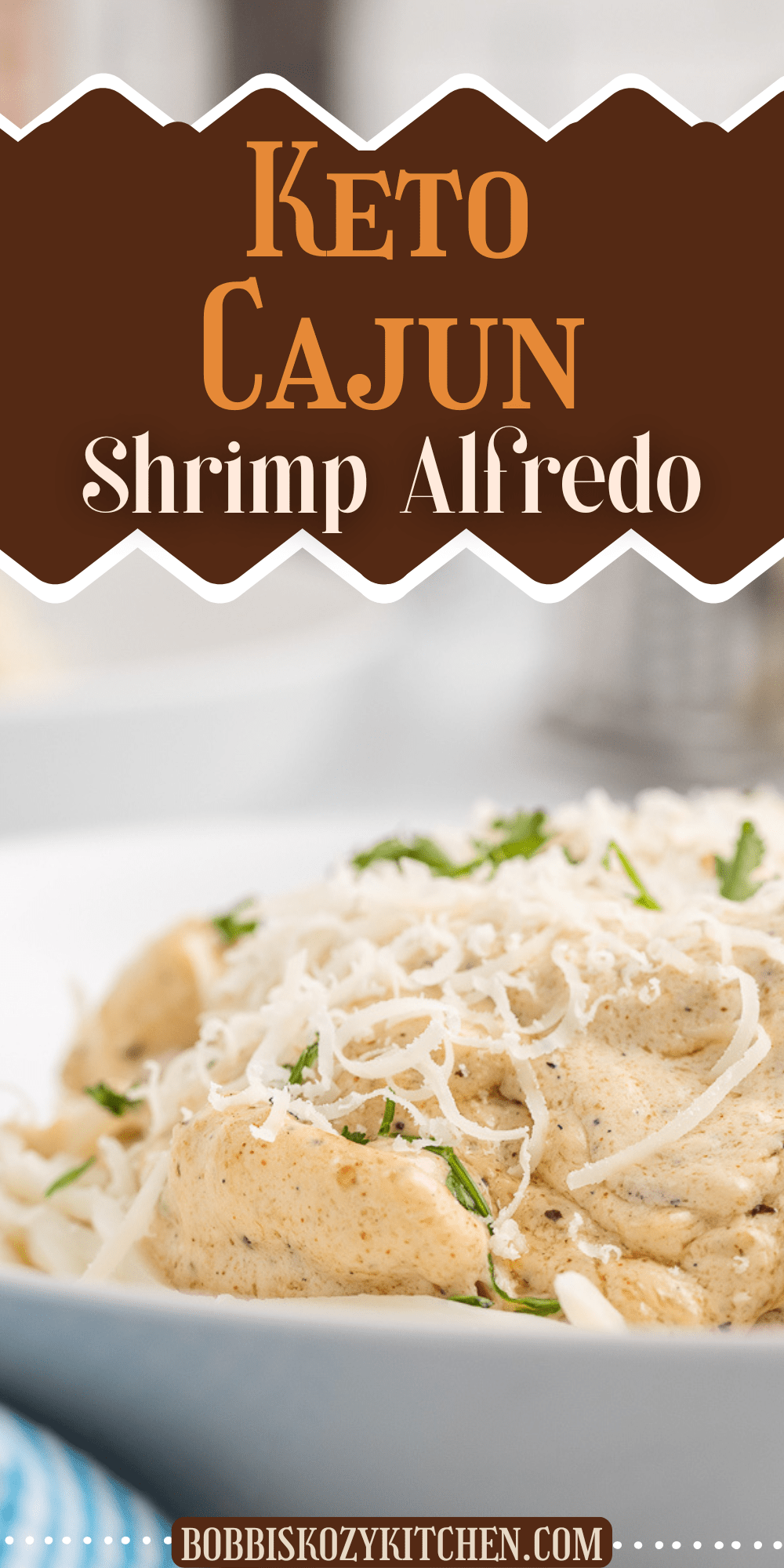 Pinterest graphic with image of keto Cajun Shrimp Alfredo on it.