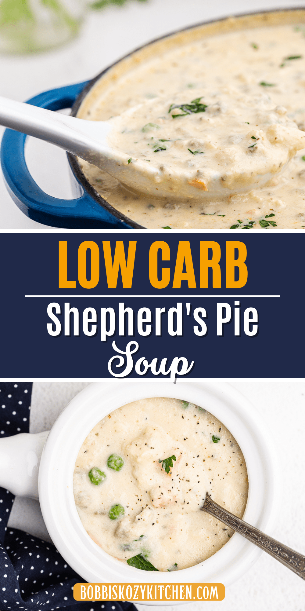 Pinterest graphic with images of Low Carb Shepherds Pie Soup on it.