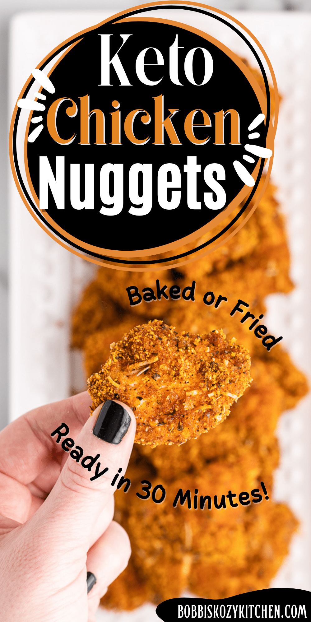 Pinterest graphic with image of keto chicken nuggets on it.