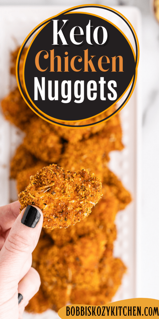 Pinterest graphic with the image of keto chicken nuggets on it.