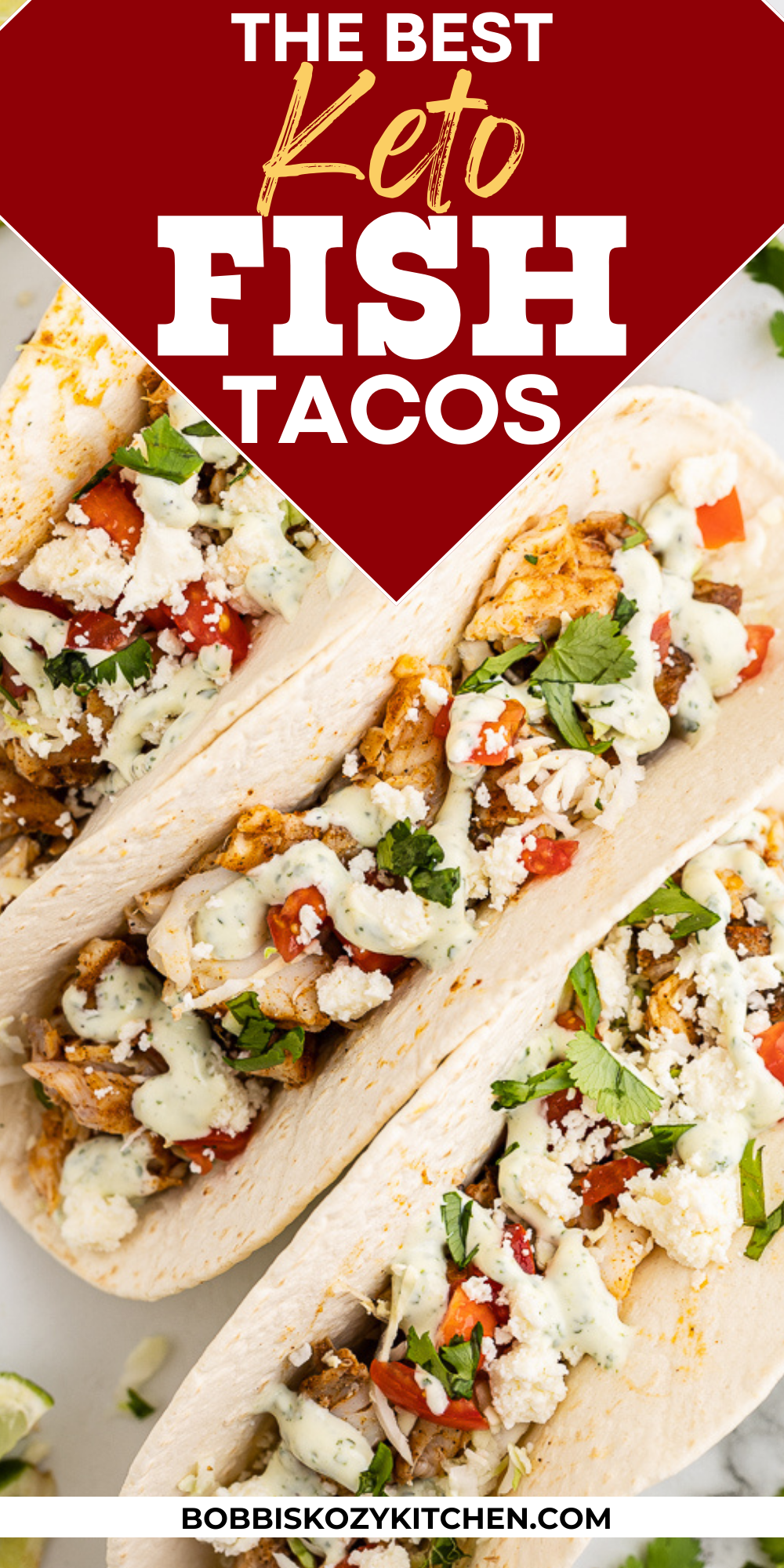 Pinterest graphic with easy keto fish tacos on it.