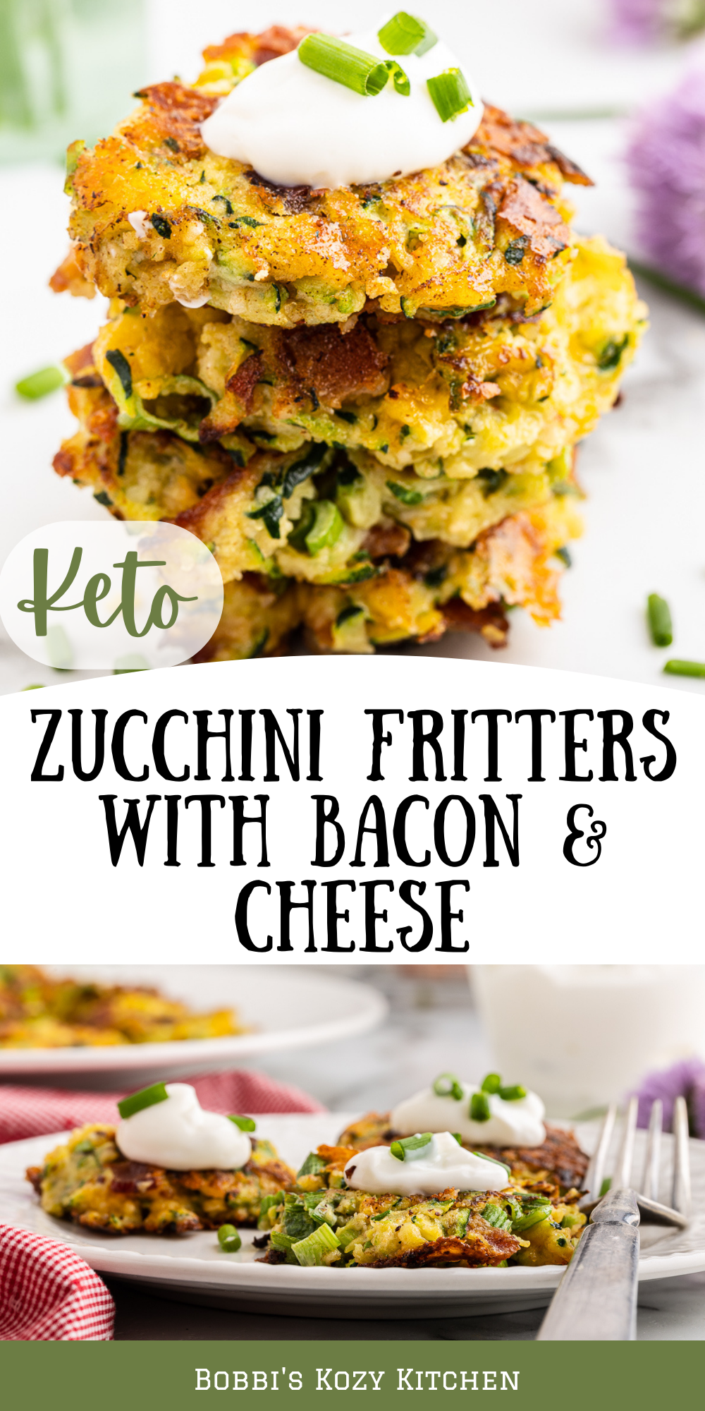 Pinterest graphic with images of Keto Zucchini Fritters with Bacon and Cheese on it.
