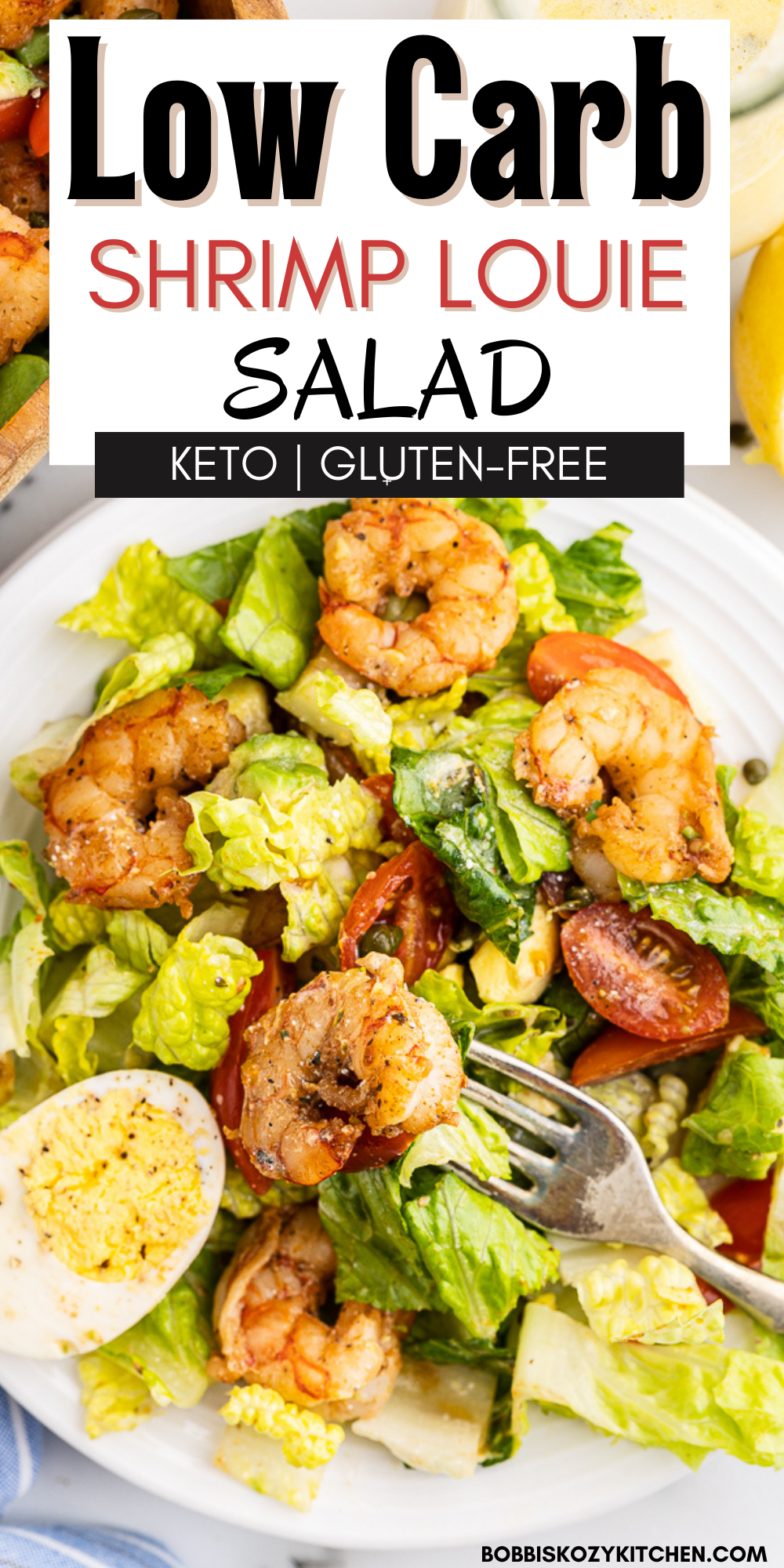 Pinterest graphic with the image of low carb shrimp Louie salad on it.