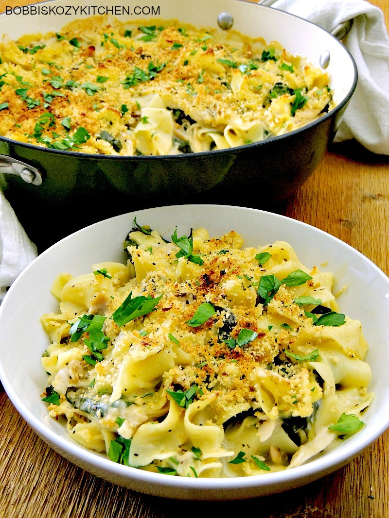 Chicken, Spinach, and Noodle Casserole is an easy weeknight comfort food dish the whole family will love from www.bobbiskozykitchen.com