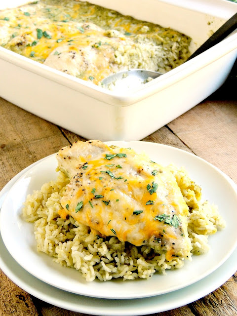 Oven One-Pan Baked Creamy Green Chile Chicken on a white plate