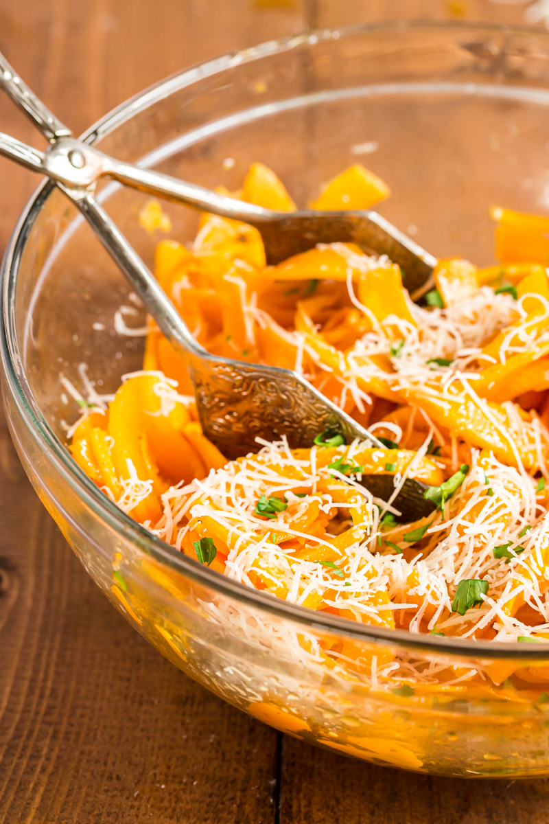 These roasted Butternut Squash Noodles are topped with a nutty browned butter, Parmesan cheese, and a sprinkling of fresh chopped parsley, for a delicious dish that cooks in 10 minutes, or less, and uses very few ingredients.