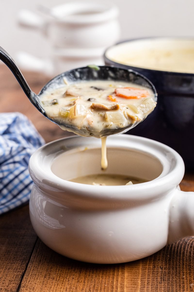 Ladle of creamy low carb turkey stew being poured into a white soup ramekin.