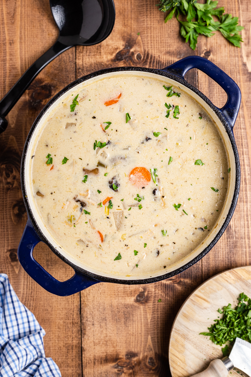 Overhead photo of Creamy Low Carb Turkey Stew in a blue soup pot.