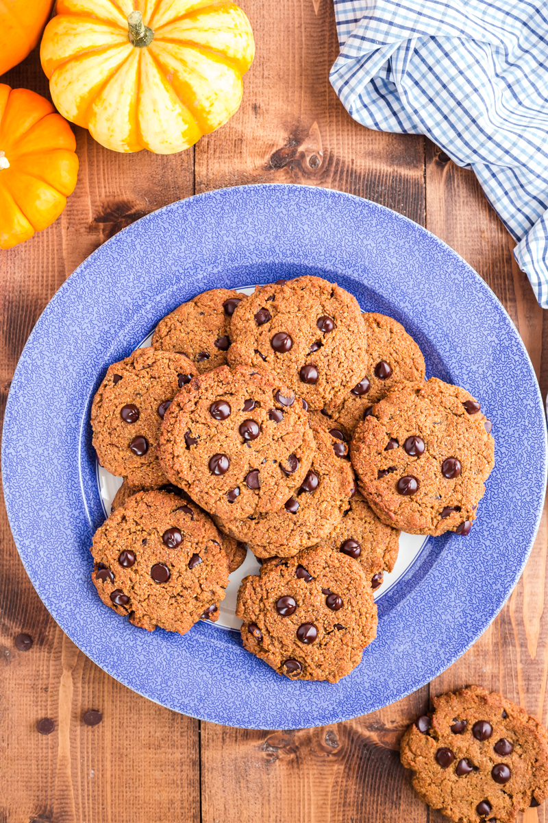 These pumpkin chocolate chip cookies are full of yummy fall spice and the perfect way to indulge in a gluten-free, low carb, keto pumpkin treat! #keto #lowcarb #glutenfree #grainfree #pumpkin #chocolate #chip #cookies #recipe