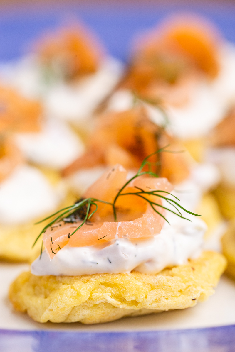 Closeup photo of Keto Blinis with Smoked Salmon Pate.