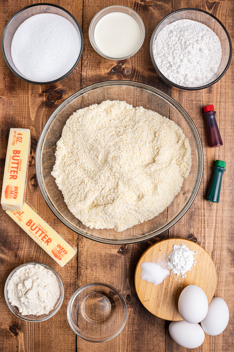 Overhead photo of the ingredients to make Keto Sugar Cookie Bars on a wooden table.