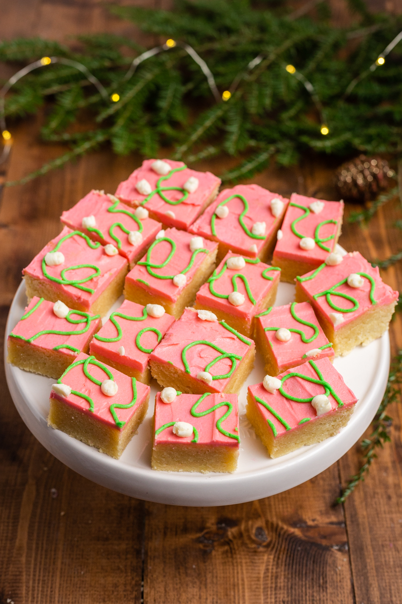 Close up photo of Keto Sugar Cookie Bars on a serving platter.