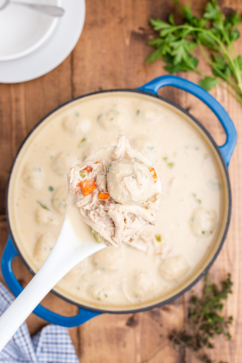 Overhead photo of Keto Herbed Chicken and Dumplings in a large blue soup pot on a wooden table with a ladle full closer to the camera.
