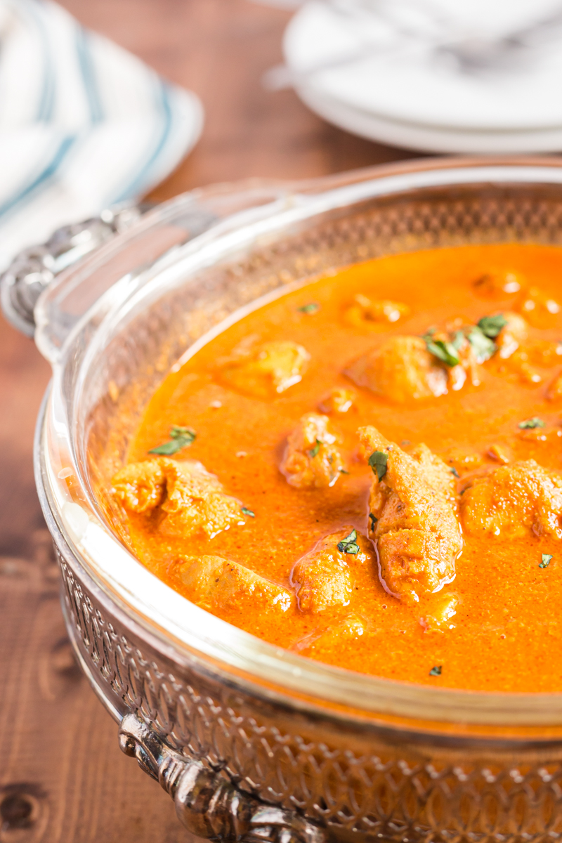 Close up photo of Low Carb Butter Chicken in a glass dish.