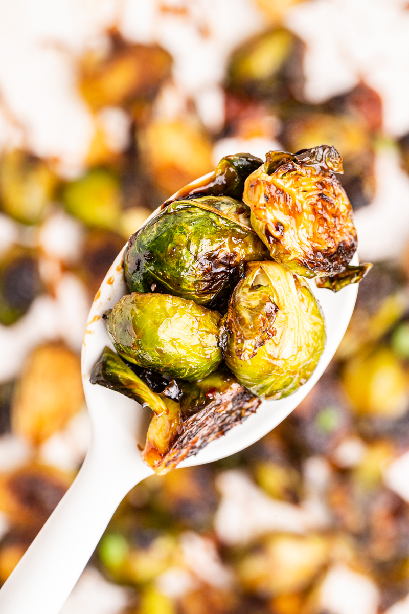 Closeup photo of a serving spoon full of Kung Pao Brussels Sprouts.