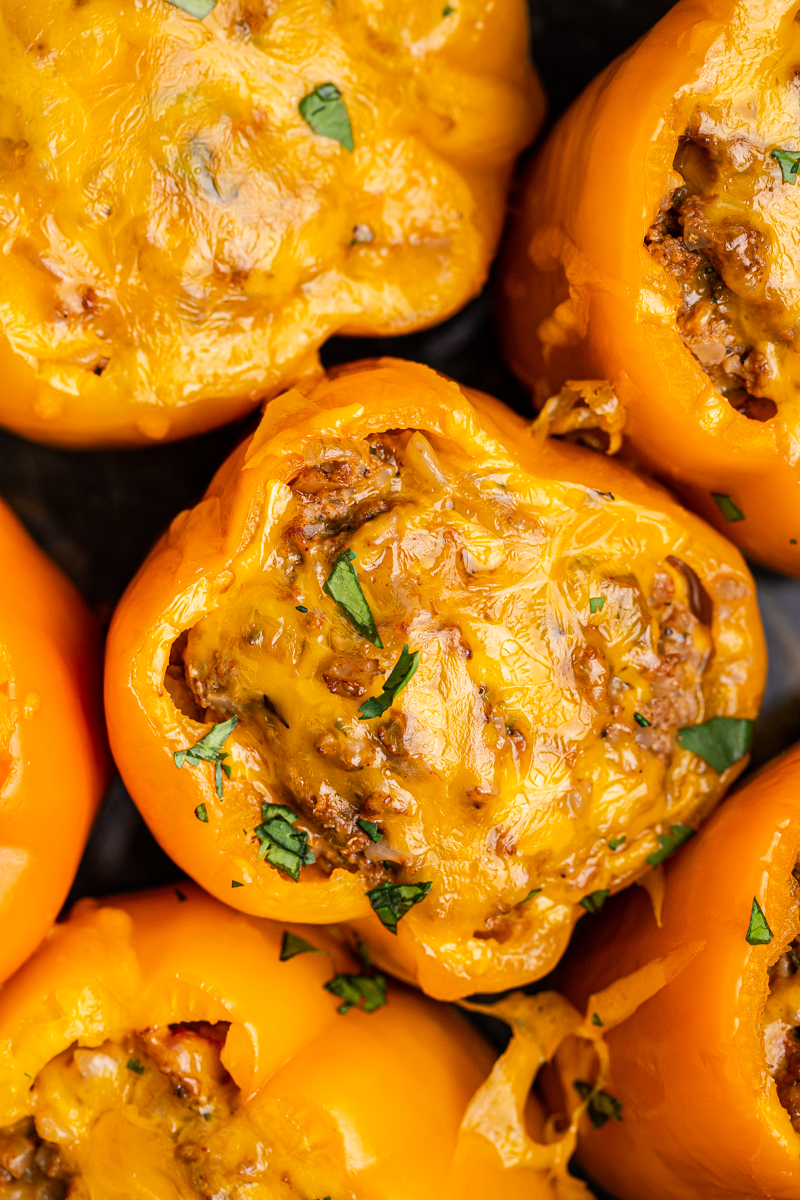 Closeup overhead photo of Keto Slow Cooker Mexican Stuffed Peppers in the slow cooker.