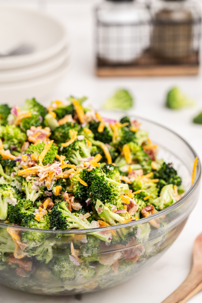 Keto Loaded Broccoli Salad in a glad bowl.