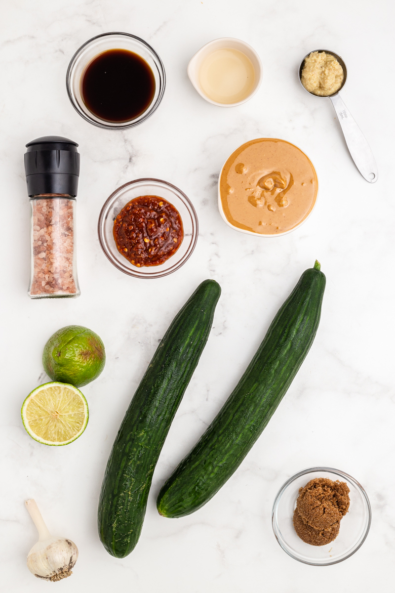 Ingredients needed to make Spicy Peanut Cucumber Noodle Salad.