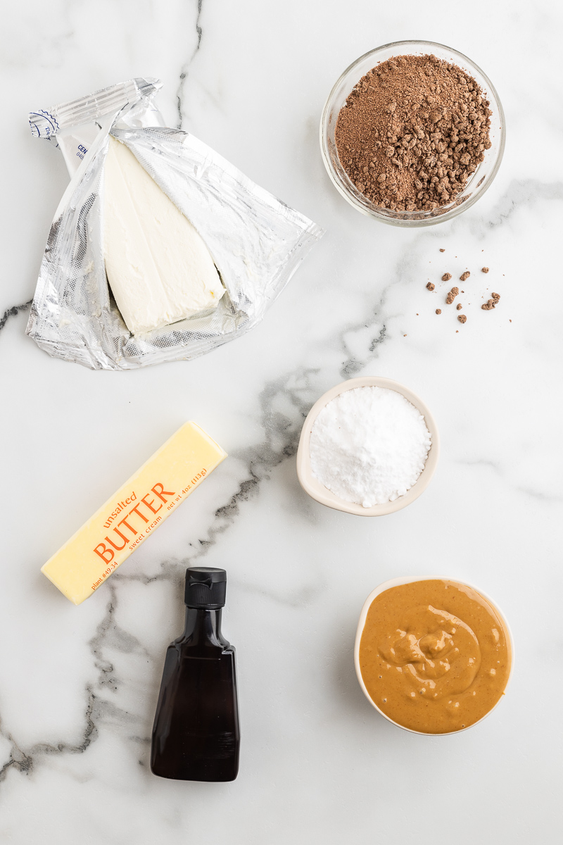 The ingredients needed to make Chocolate Peanut Butter Cheesecake Fat Bombs.