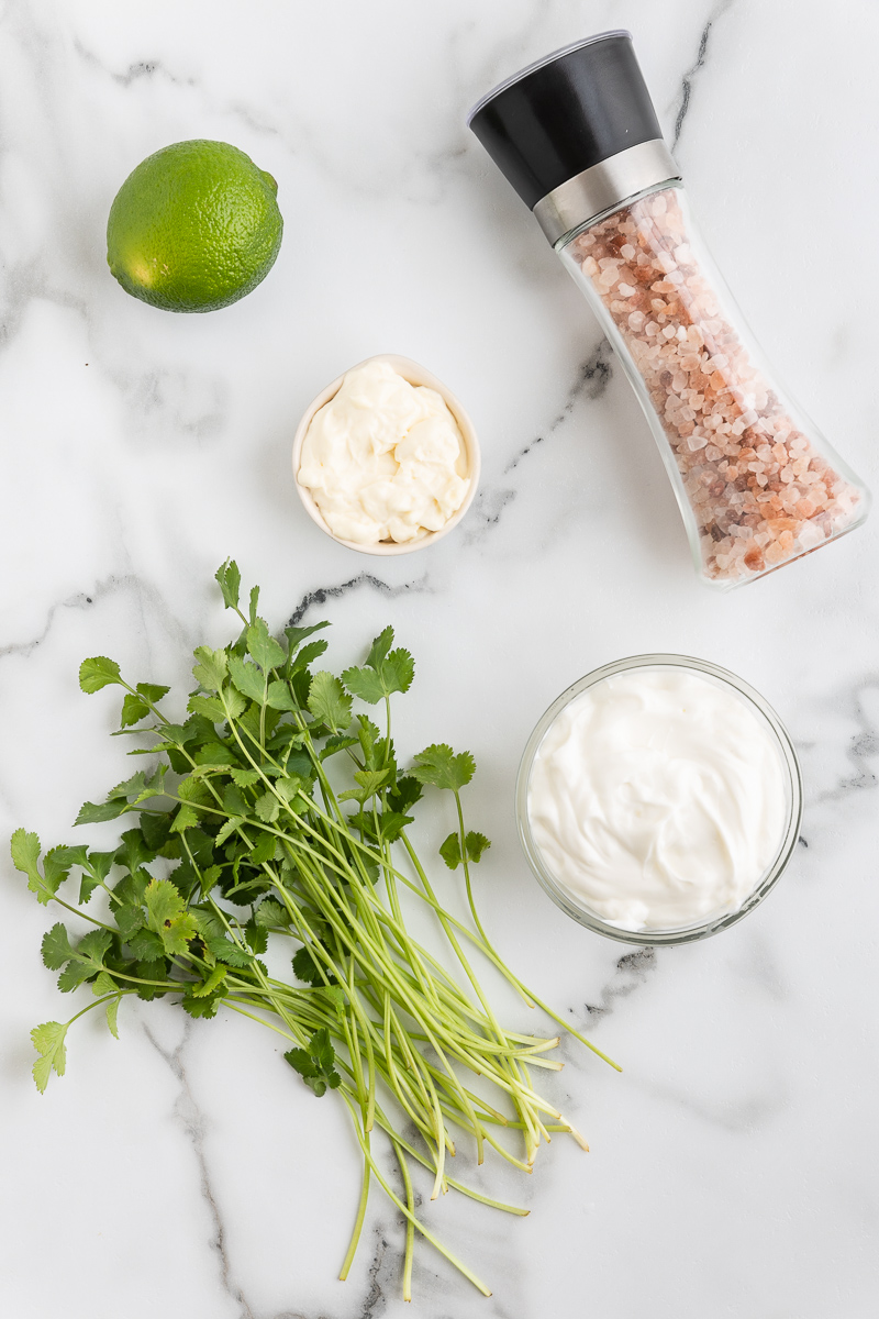 Overhead photo of the ingredients needed to make Cilantro Lime Crema.