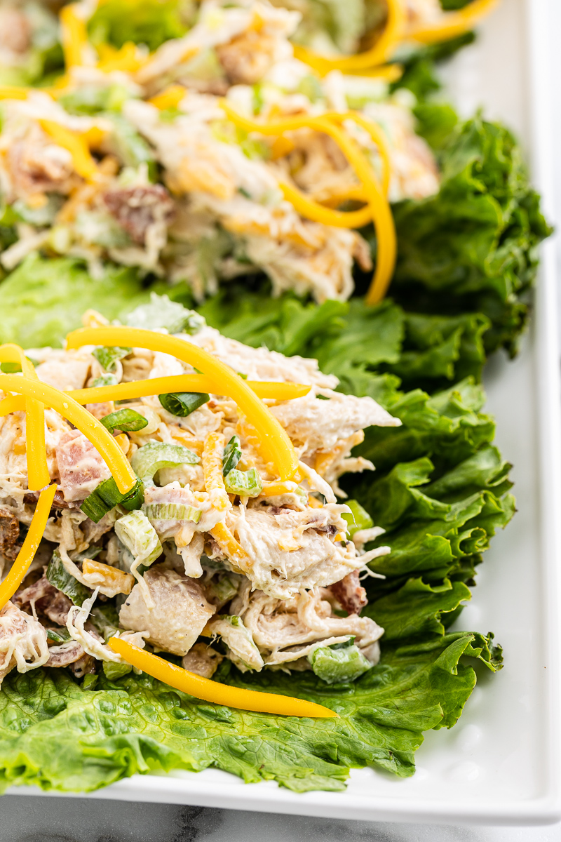 Closeup of lettuce wraps filled with Keto Bacon Ranch Chicken Salad.