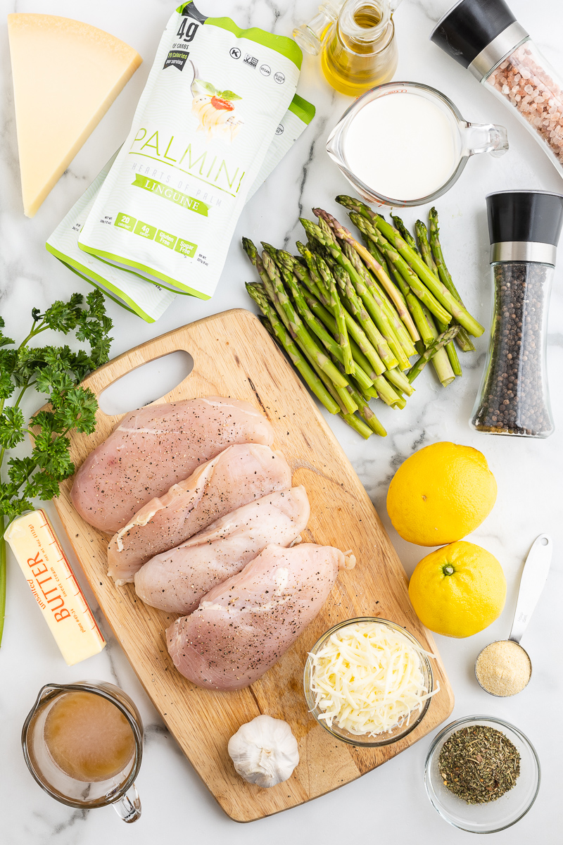 Overhead photo of the ingredients needed to make Keto Lemon Asparagus Chicken Pasta.