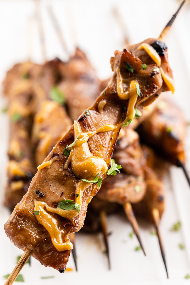 Close up of a skewer with Chicken Satay with Spicy Peanut Sauce.