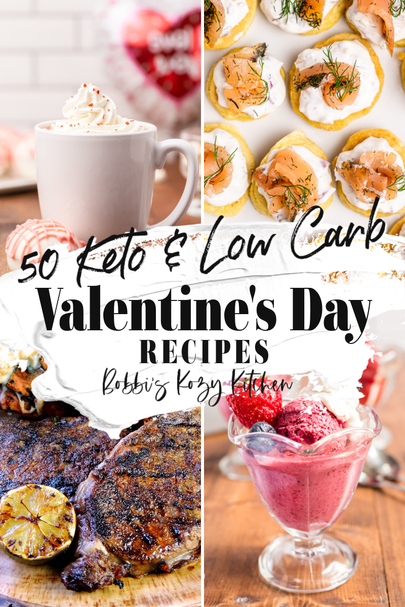 50 Keto Valentine's Day Recipes - Celebrate Valentine's Day, and your love, with these amazing keto and low carb recipes. From appetizers to brunch ideas, dinner, and sweets, there is something for everyone here. You can fill up without those pesky carbs to weigh you down. #valentinesday #recipe #roundup #appetizer #dessert #breakfast #Brunch #dinner #Maindish #sidedish #cocktail #Hotchocolate #coffee #Keto #Lowcarb #glutenfree