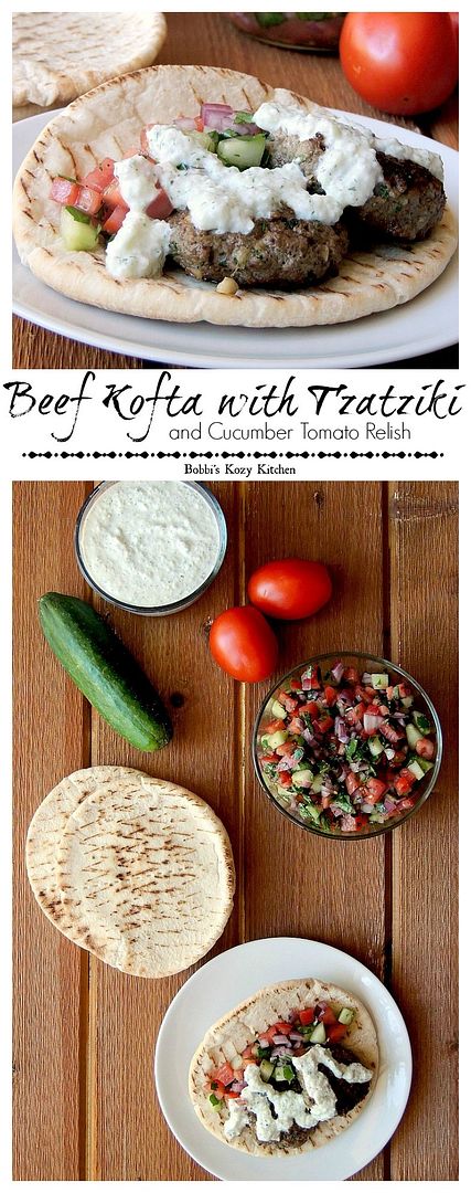 Beef Kofta with Tzatziki and Cucumber Tomato Relish is a delicious, and healthy, Turkish inspired meal from www.bobbiskozykitchen.com