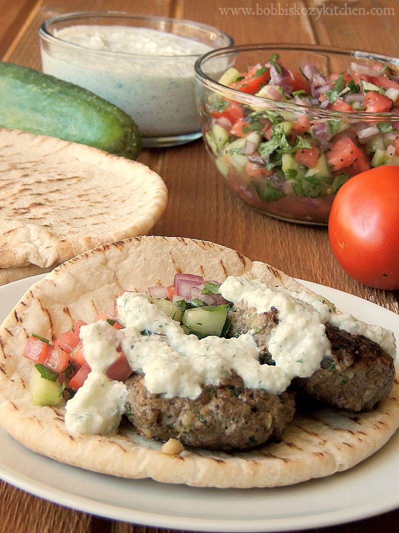 Beef Kofta with Tzatziki and Cucumber Tomato Relish from www.bobbiskozykitchen.com