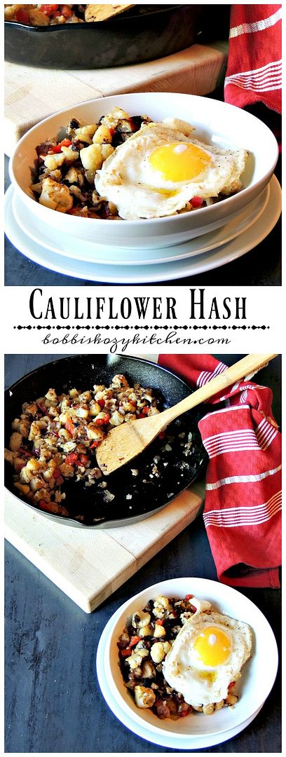 Cauliflower Hash is a delicious, low calorie, healthy, vegetarian or vegan, way to have that standard breakfast hash with zero guilt from www.bobbiskozykitchen.com