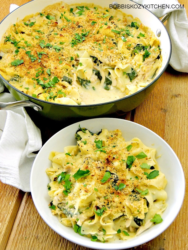 Chicken, Spinach, and Noodle Casserole is an easy weeknight comfort food dish the whole family will love from www.bobbiskozykitchen.com