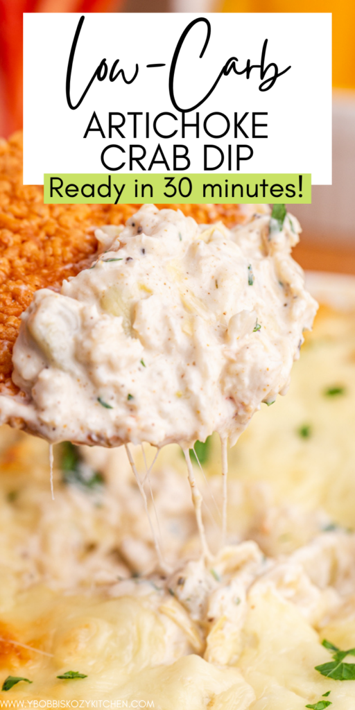 Pinterest graphic with the image of low carb artichoke crab dip on it.