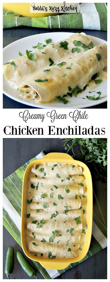 Easy Creamy Green Chile Chicken Enchiladas are extra creamy, extra cheesy, and just a bit spicy, these easy green chile enchiladas are sure to become a family favorite! From www.bobbiskozykitchen.com