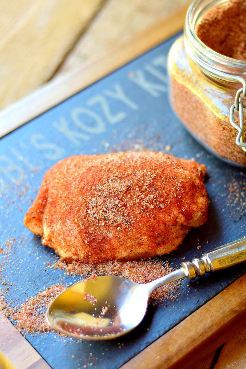 A chicken thigh cocovered in Low CArb BBQ Dry Rub.