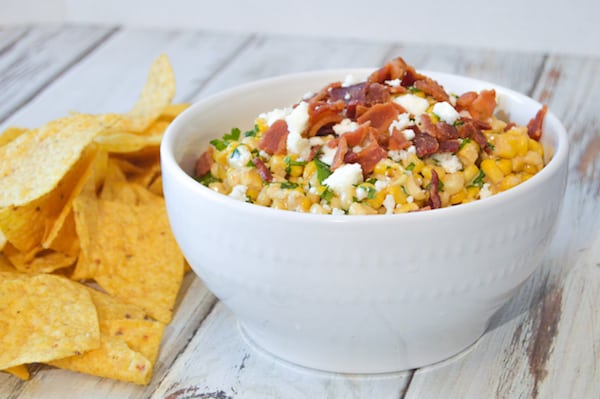 Mexican Street Corn Dip in a white bowl with chips
