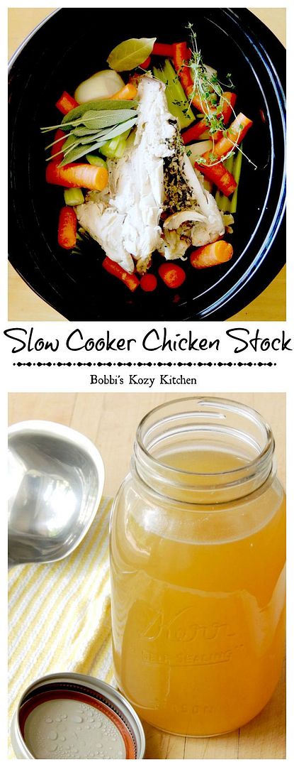Slow Cooker Chicken Stock - Making chicken stock at home is so easy, you will never have to use store bought stock again from www.bobbiskozykitchen.com